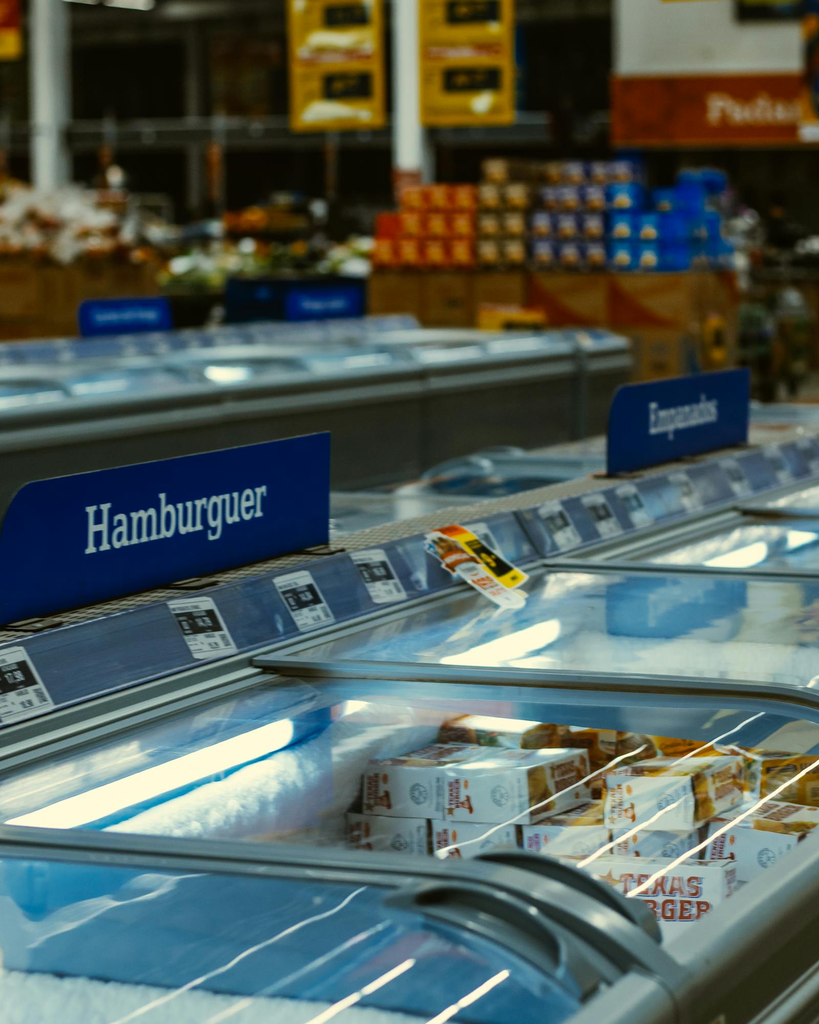 Frozen meats arranged in a retail freezer with transparent doors