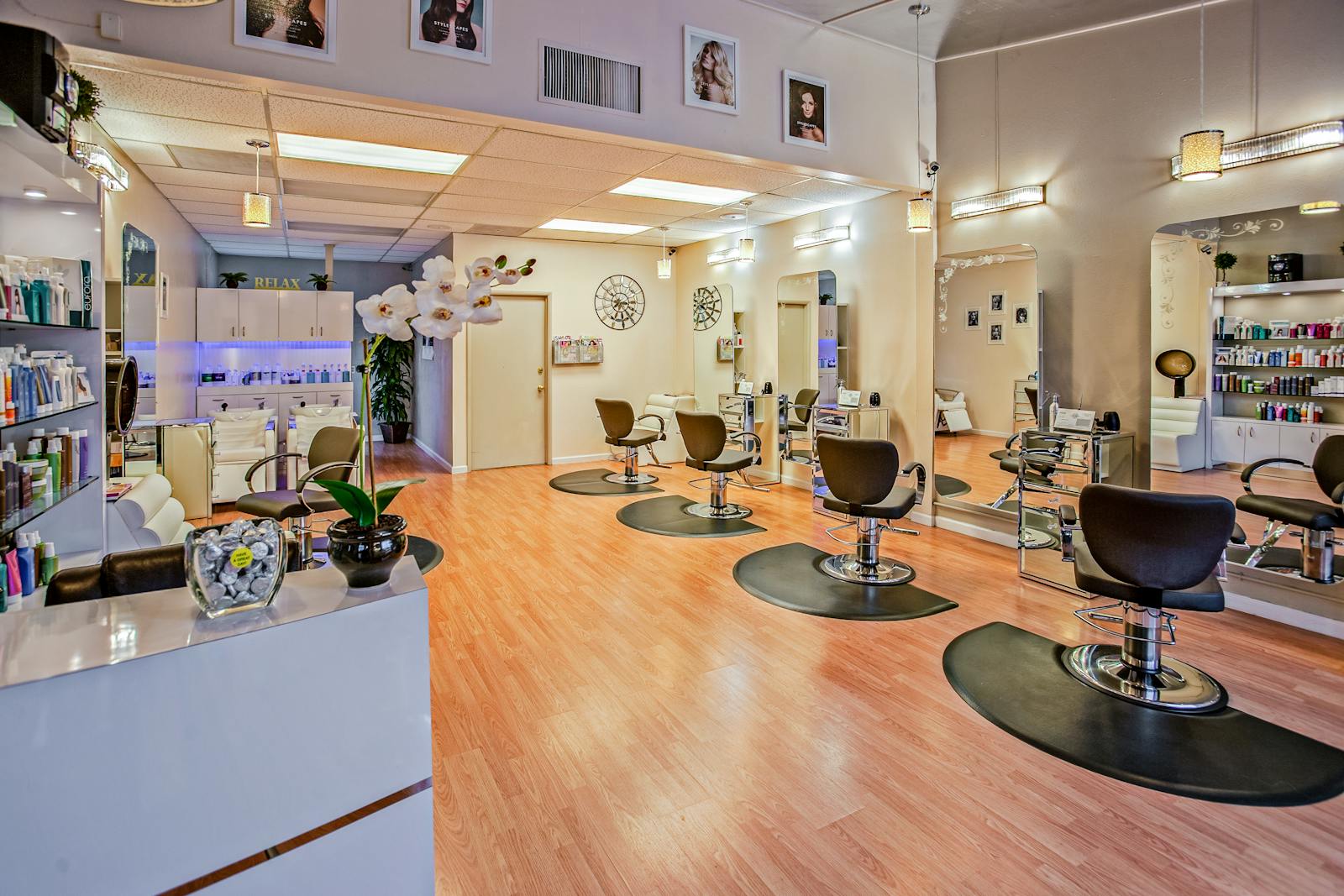 Backwash chair beside professional cosmetology product shelves