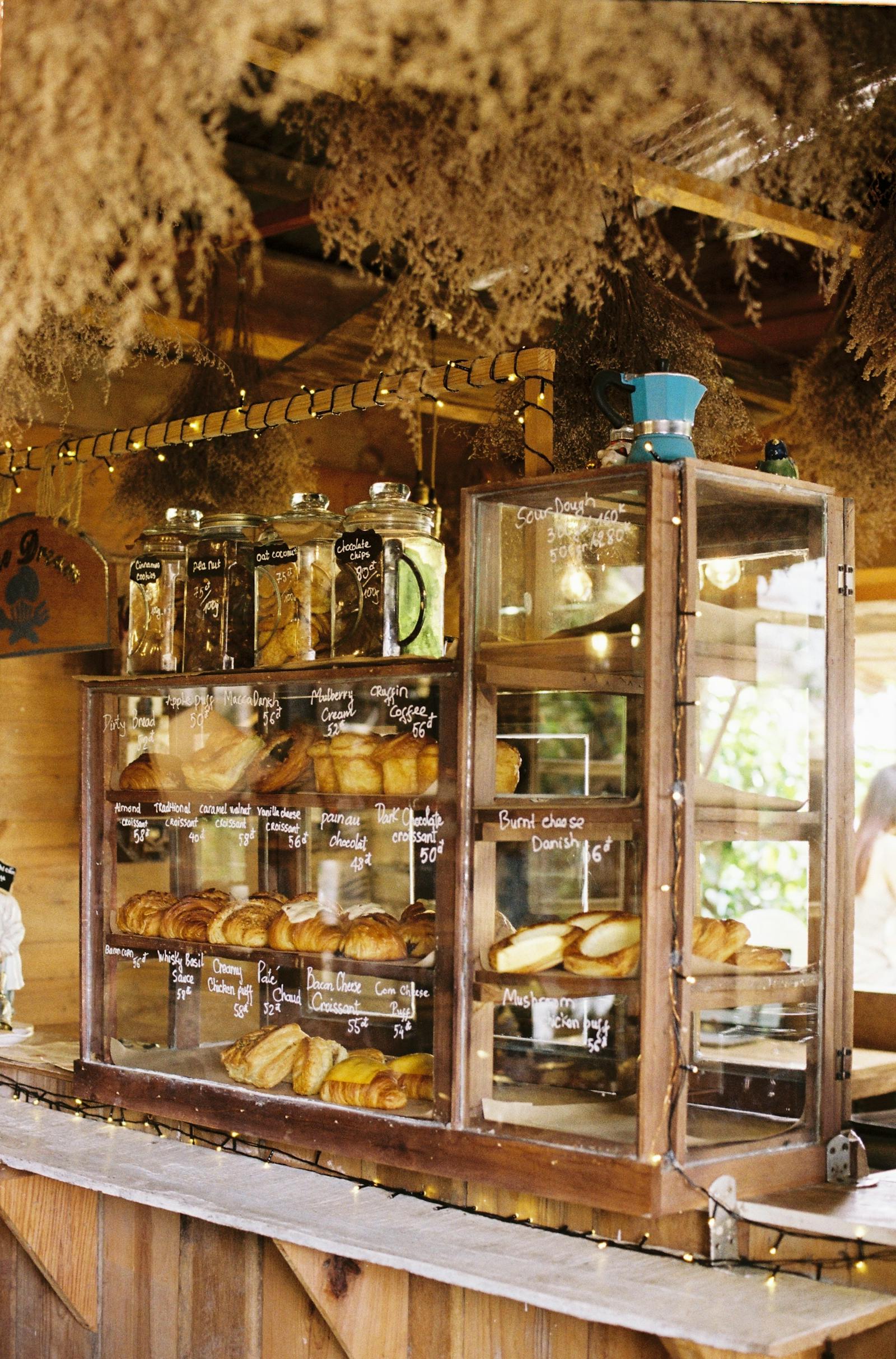 Bakery counter with a wide variety of fresh pastries on display