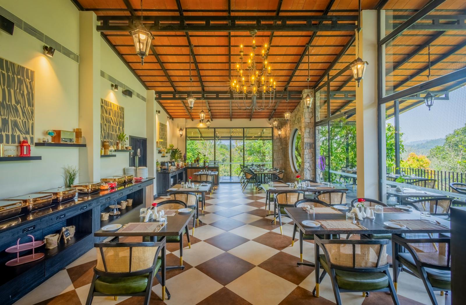 Stylish outdoor restaurant terrace with diners