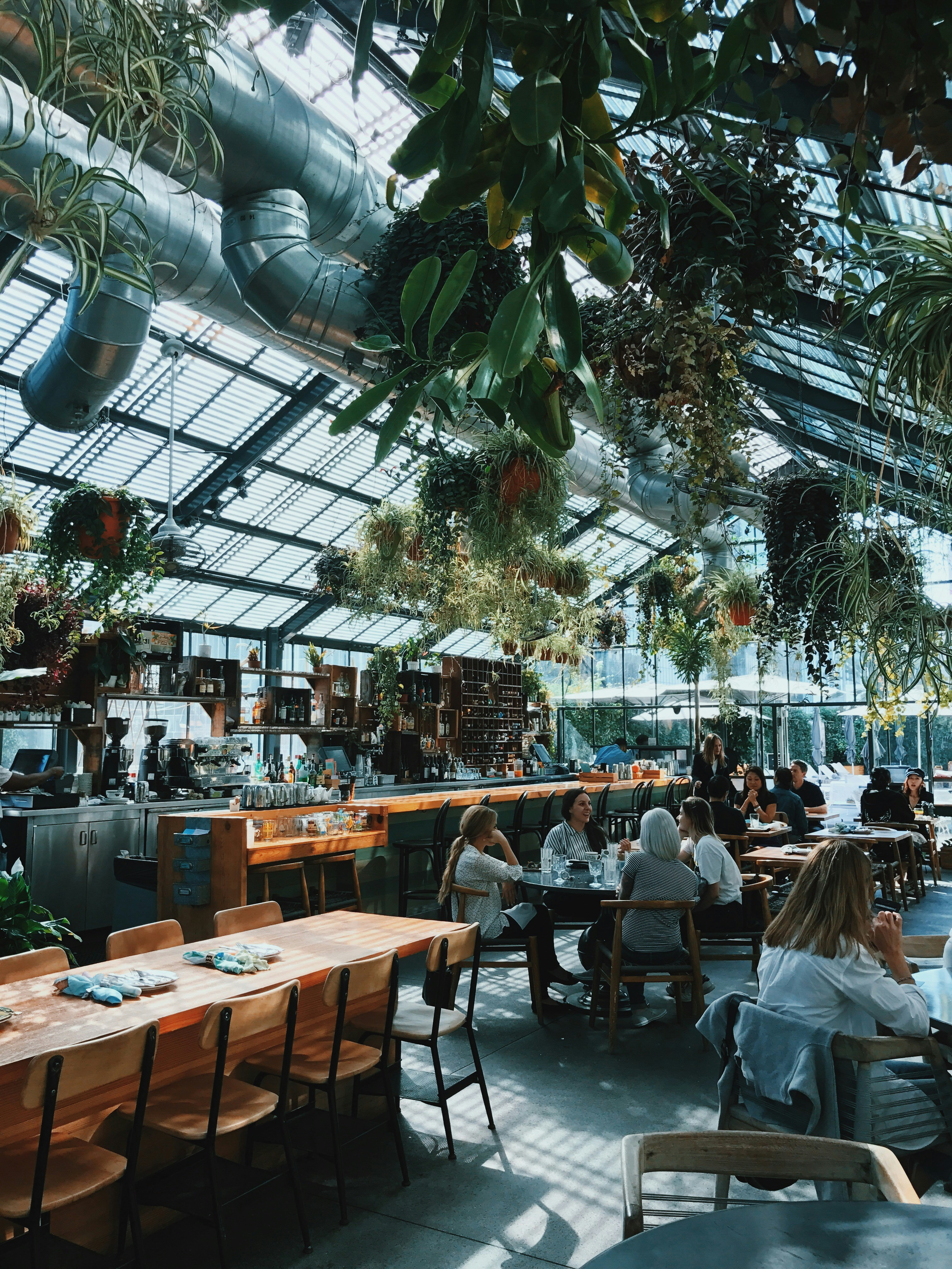 Modern restaurant dining room full of patrons enjoying a meal